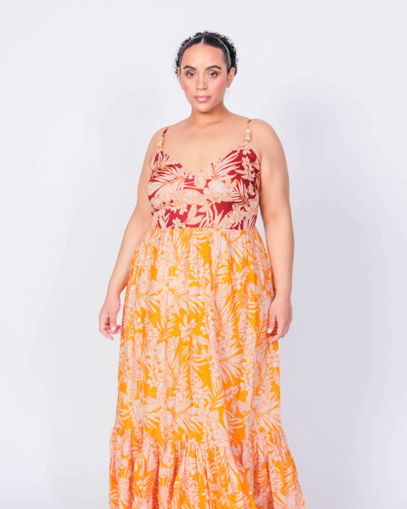 Front of a model wearing a size L Bohemian Island Maxi Dress in Bohemian Island by LuvMeMore. | dia_product_style_image_id:266721